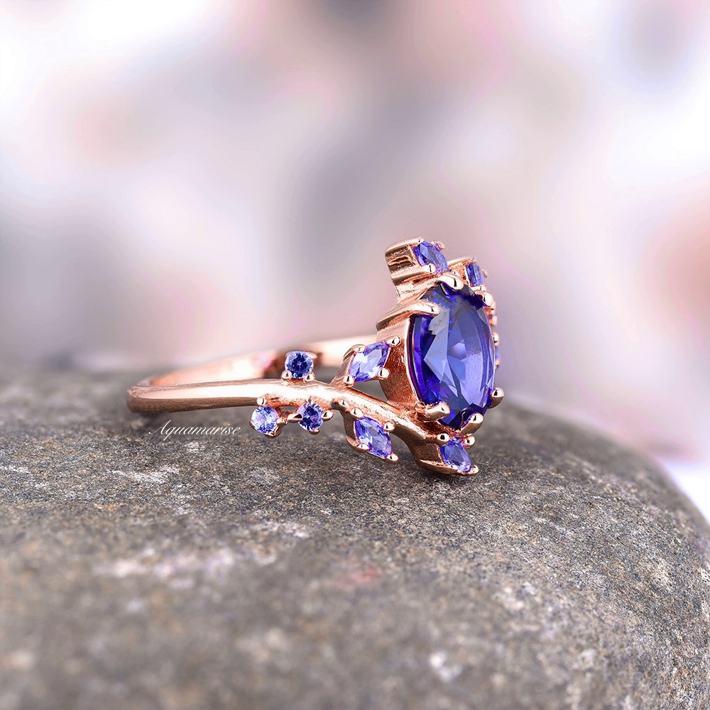 Cornflower Blue Sapphire Leaf Ring- 14K Rose Gold Vermeil