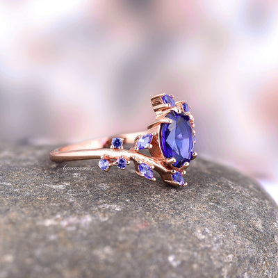 Cornflower Blue Sapphire Engagement Ring For Women- 14K Rose Gold Vermeil Leaf Sapphire Promise Ring- September Birthstone- Anniversary Gift