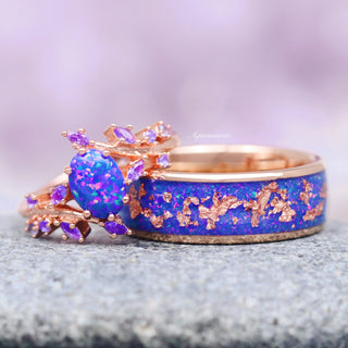 Starry Night Van Gogh Fire Opal & Rose Gold Leaf Couples Ring Set