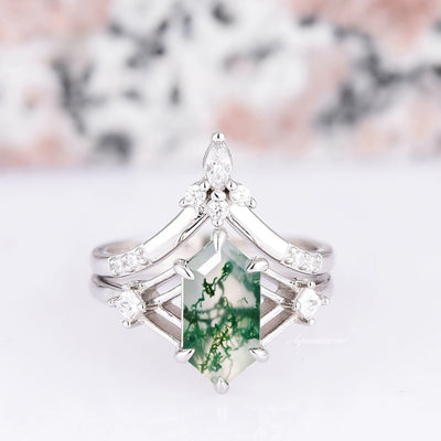 Celtic Hexagon Green Moss Agate Ring For Woman- Sterling Silver Natural Agate Engagement Ring- Unique Promise Ring Anniversary Gift For Her