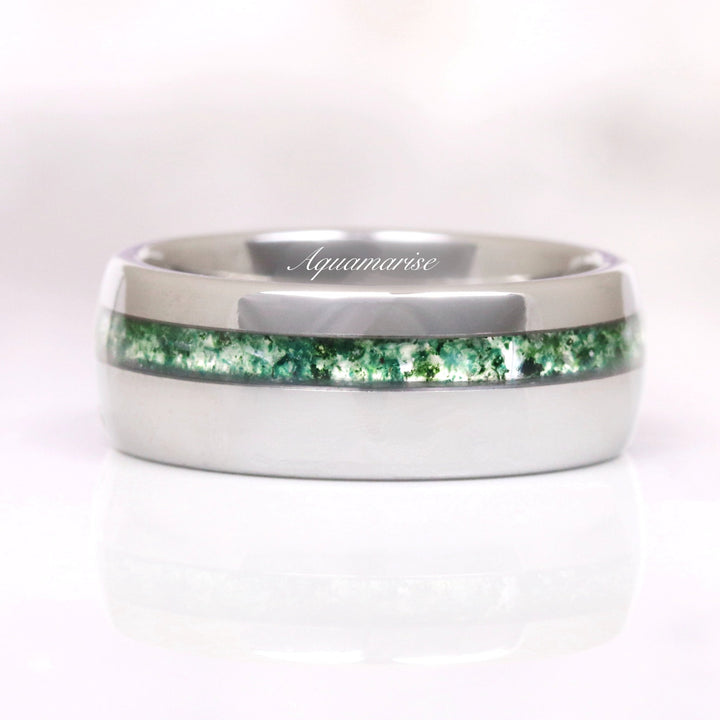 Moss Agate Wedding Band- 8MM Tungsten