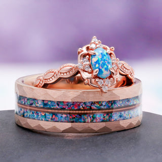 Vintage blue fire opal ring styled with its matching men's band as a couples set