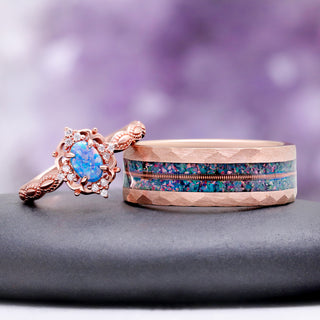 Blue fire opal couples ring set shown together in rose gold