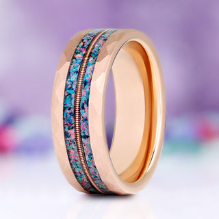 Blue fire opal and guitar string men's wedding band in rose gold tungsten, 8mm