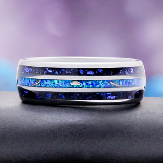 Side profile of the 8mm silver tungsten band with blue opal inlay