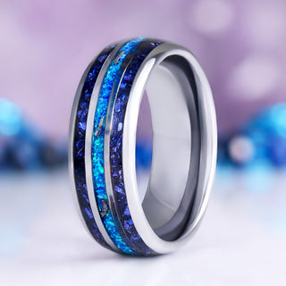 Blue fire opal and meteorite men's wedding band in silver tungsten carbide, 8mm