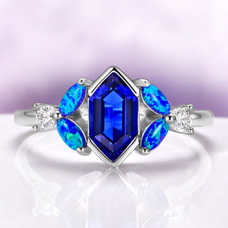 Hexagon Sapphire Blue Opal Engagement Ring in Sterling Silver