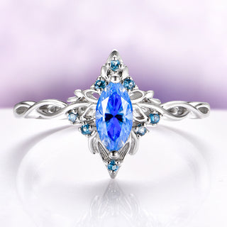 Blue Moissanite Marquise Butterfly Fairy Engagement Ring in Sterling Silver