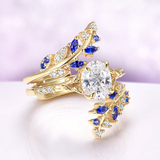 Blue Sapphire & Simulated Diamond Leaf Engagement Ring Set in 14K Yellow Gold Vermeil