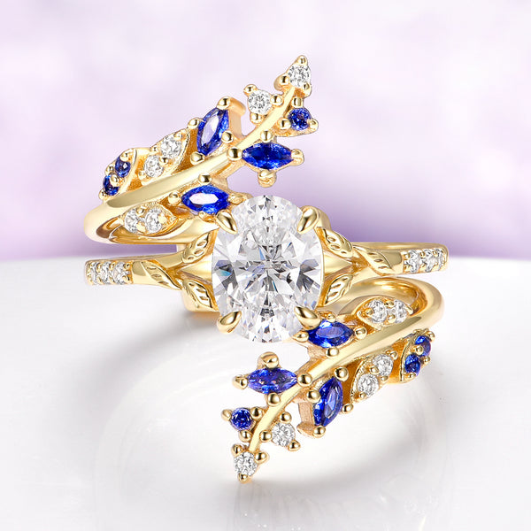 Lab-Grown Diamond & Sapphire Leaf Engagement Ring Set in 14K Solid Yellow Gold (IGI Certified), featuring blue sapphires and diamonds in a nature-inspired design by Aquamarise Gold.