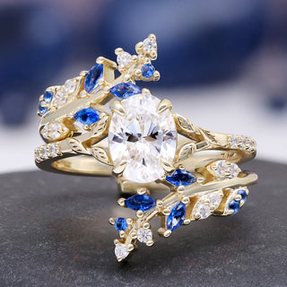 Blue Sapphire & Simulated Diamond Leaf Engagement Ring Set in 14K Yellow Gold Vermeil
