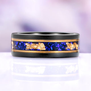 Blue Sapphire & Gold Leaf Brushed Men's Wedding Band in Black Tungsten (8mm)