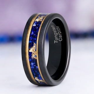 Blue Sapphire & Gold Leaf Brushed Men's Wedding Band in Black Tungsten (8mm) by Aquamarise, upright view showing the tungsten carbide interior stamp.