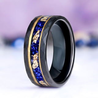 Blue Sapphire & Gold Leaf Hammered Men's Wedding Band in Black Tungsten (8mm)