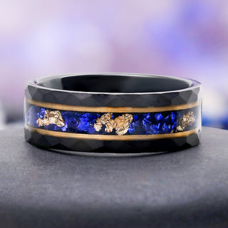 Blue Sapphire & Gold Leaf Hammered Men's Wedding Band in Black Tungsten (8mm)