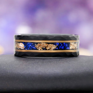Blue Sapphire & Gold Leaf Hammered Men's Wedding Band in Black Tungsten (8mm)