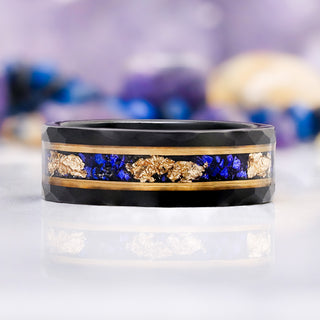 Blue Sapphire & Gold Leaf Hammered Men's Wedding Band in Black Tungsten (8mm)