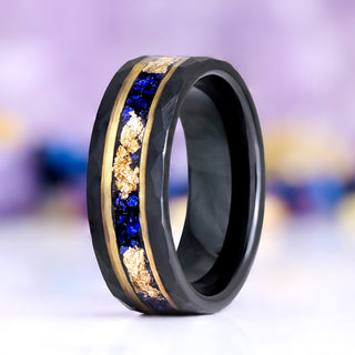 Blue Sapphire & Gold Leaf Hammered Men's Wedding Band in Black Tungsten (8mm)