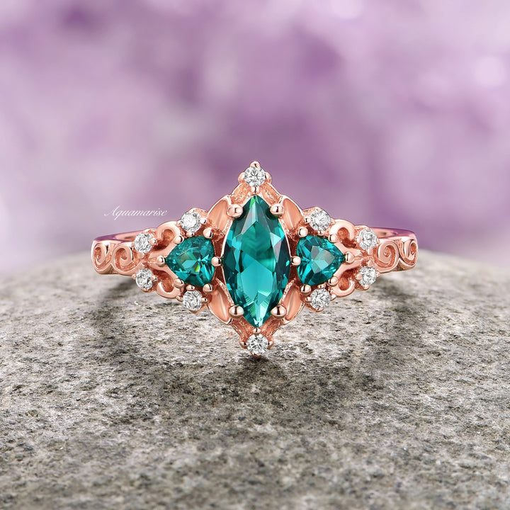 Elain Teal Sapphire Fairy Leaf Engagement Ring- 14K Solid Rose Gold