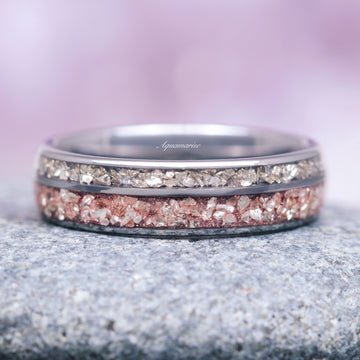 Morganite & Crushed Simulated Diamond Wedding Band- 6MM Tungsten featuring two textured inlay bands in blush pink and sparkling crushed simulated diamonds within a polished tungsten carbide comfort-fit band by Aquamarise, part of men’s and women’s tungsten carbide wedding bands and birthstone jewelry collections.