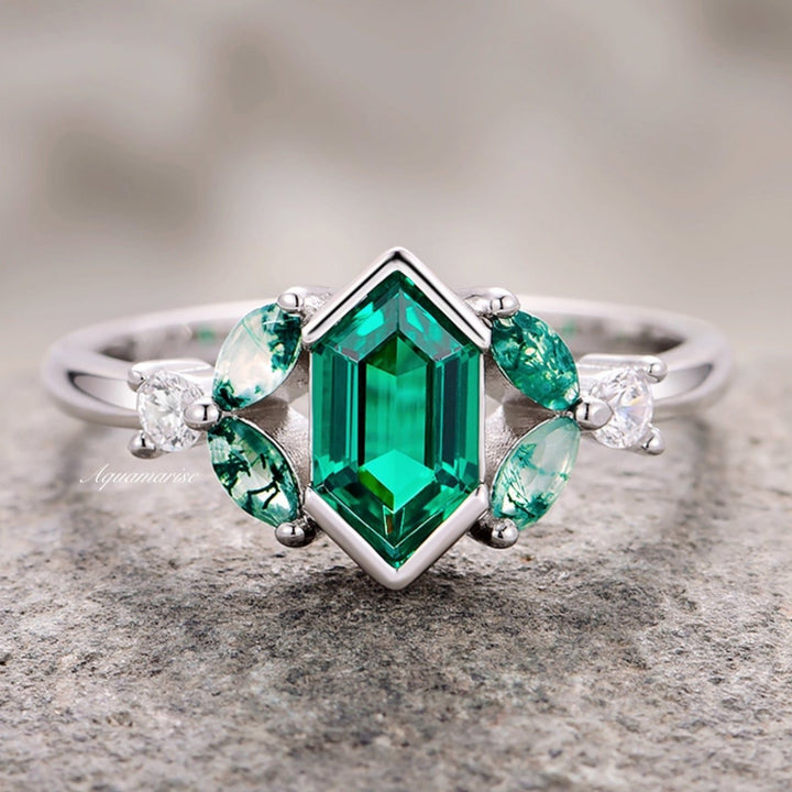 Hexagon Emerald & Moss Agate Leaf Ring- 14K White Gold