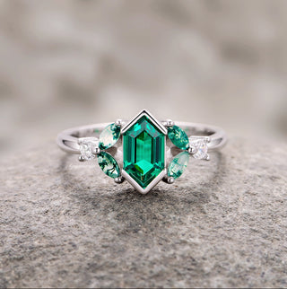 Hexagon Emerald & Moss Agate Couples Ring Set