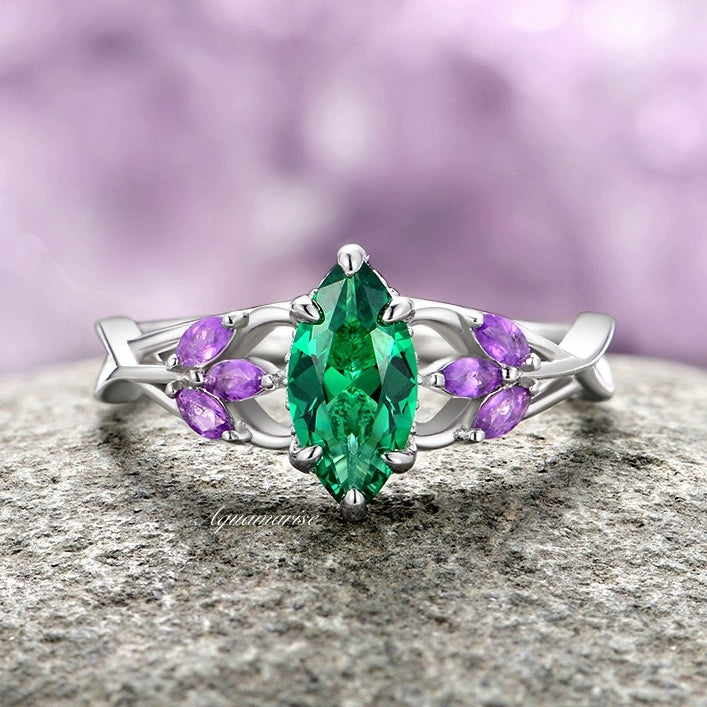 Emerald & Amethyst Mystical Fairy Ring- 14K White Gold