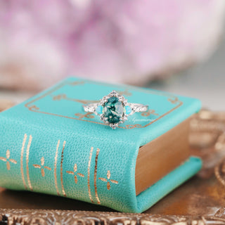 Moss Agate & Opalescent Sapphire Engagement Ring in 14K White Gold