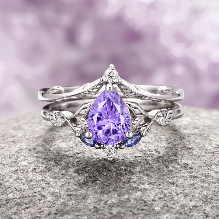 Aerie Star Cut Lavender Sapphire Ring Set- 14K White Gold