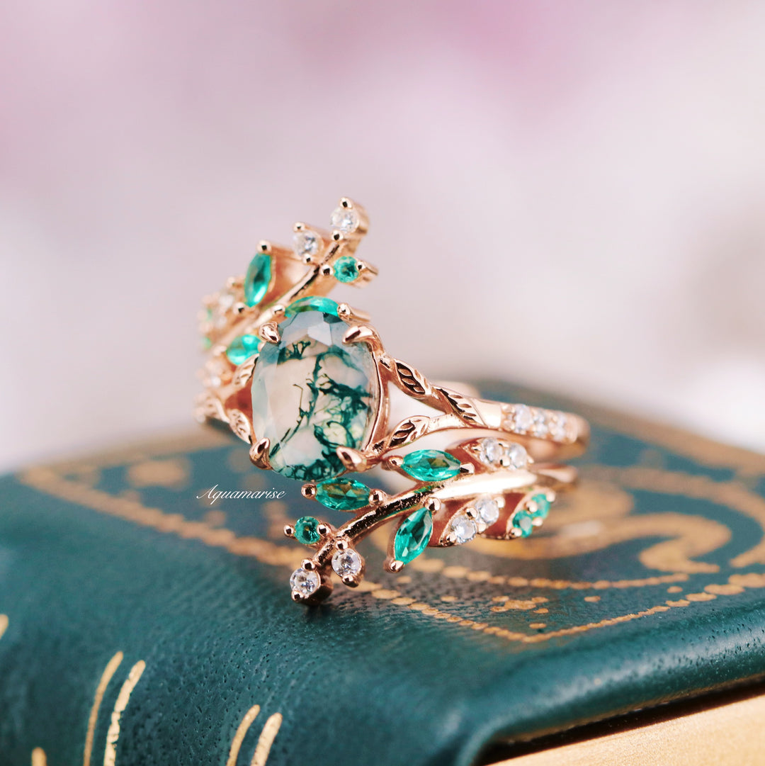 Green Moss Agate & Emerald Leaf Engagement Ring Set- 14K/ 18K Solid Rose Gold