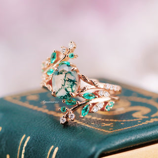 Green Moss Agate & Emerald Leaf Engagement Ring Set in 14K Solid Rose Gold