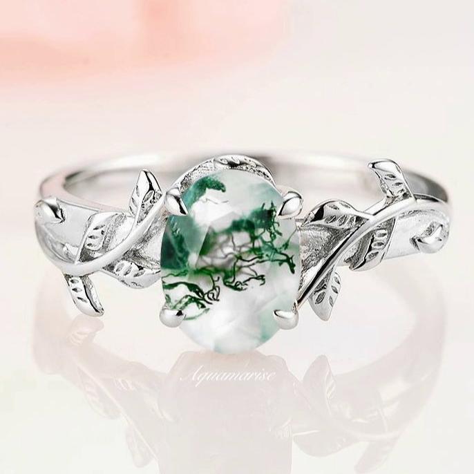 Natural Green Moss Agate Leaf Ring- Sterling Silver