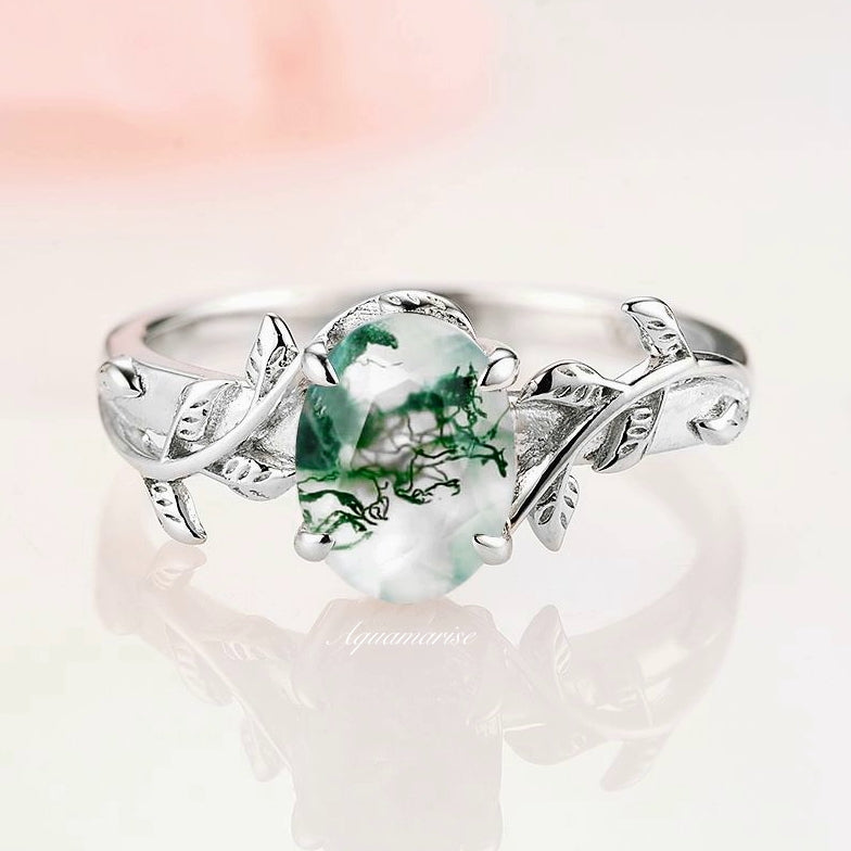Natural Green Moss Agate Engagement Ring For Women- Nature Inspired Leaf Promise Ring - 925 Sterling Silver
