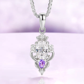 Carmilla moissanite pendant necklace in sterling silver, oval center with a natural amethyst pear on a box chain