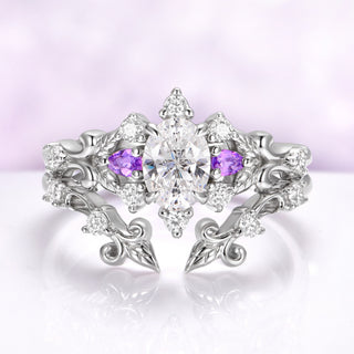 The Carmilla ring enhancer wrapped around an engagement ring, showing how the leaves close around a center stone