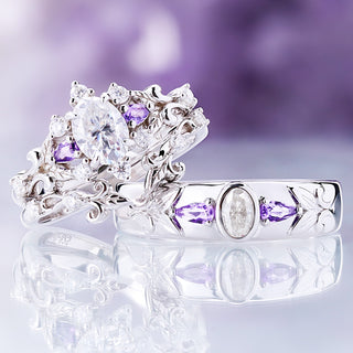 The Carmilla moissanite and amethyst ring with its enhancer band shown beside the matching men's 6mm band as a couples ring set