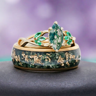 Marquise Celtic Knot Moss Agate Ring in 14K Yellow Gold Vermeil