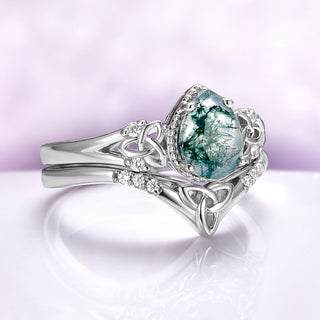 Celtic Knot Moss Agate Ring Set – Pear Moss Agate Engagement Ring in Rhodium Sterling Silver