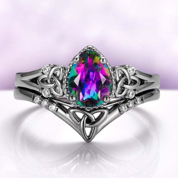 Mystic Topaz Celtic Knot Ring Set | Black Ruthenium Silver