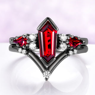 Coffin Kite Natural Red Garnet Ring Set in Black Ruthenium