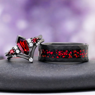 Natural Garnet & Red Fire Opal Couples Ring Set