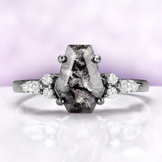 Coffin cut raw Herkimer diamond engagement ring in black ruthenium over sterling silver with simulated diamond accents