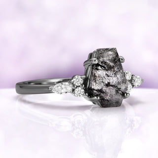 Side view of the black ruthenium Herkimer diamond coffin cut ring showing the Art Deco setting