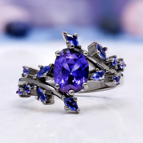 Cornflower Blue Sapphire Leaf Engagement Ring in Black Ruthenium