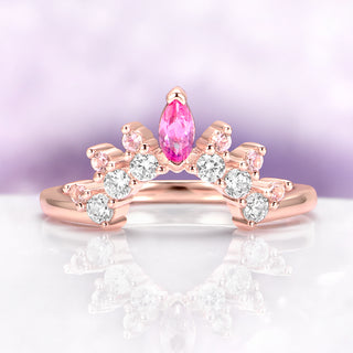 Crown Tiara Marquise Ruby Curved Wedding Band in 14K Rose Gold Vermeil