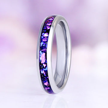 Galaxy Alexandrite & Fire Opal Tungsten Couples Ring Set by Aquamarise, featuring a polished tungsten band with vibrant purple and blue fire opal inlay, a unique fantasy-inspired couple ring design.