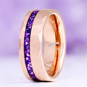 Crushed amethyst men's wedding band — purple amethyst inlay in 8mm hammered rose gold tungsten carbide