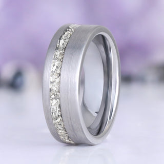 Crushed Diamond Mens Wedding Band in Silver Tungsten (8mm) featuring a brushed silver tungsten band with a crushed diamond inlay, a distinctive design by Aquamarise.
