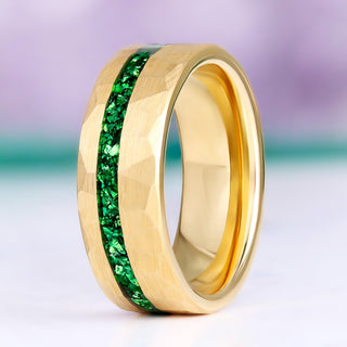 Crushed Emerald Hammered Wedding Band in Gold Tungsten Carbide (8mm)