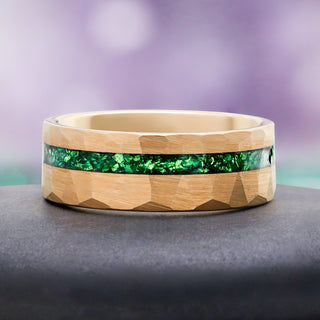 Crushed Emerald Hammered Wedding Band in Gold Tungsten by Aquamarise, side profile view